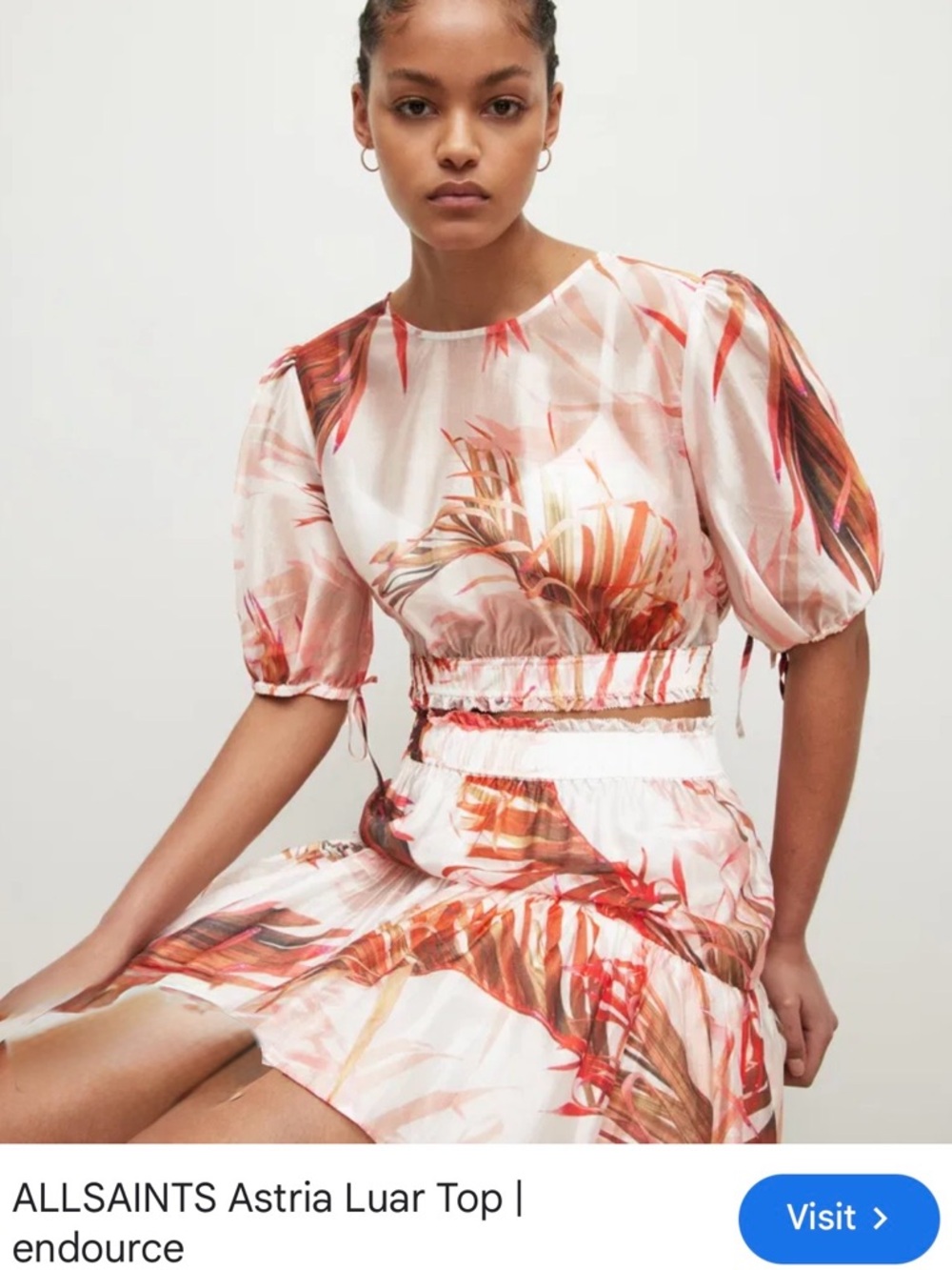 All Saints White and Coral Botanical Puff-Sleeve Mini Dress